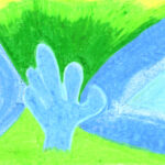 Moderne Mayakunst, handgemaltes Gemälde des Mayazeichens Manik, blaue Hand, Heilung, Ölkreide, Künstlerin Perle