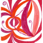Moderne Mayakunst, handgemaltes Gemälde des Mayazeichens Muluc, roter Mond, Reinigung, im Fluß sein, Ölkreide, Pastellkreide, spirituelle Malerei, Künstlerin Perle